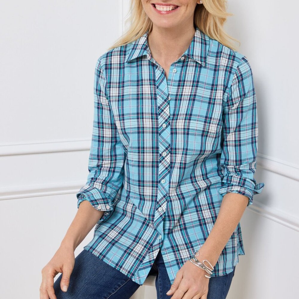 NWOT Talbots Petite Blue Lightweight Button Front Shirt - Festive Party Plaid